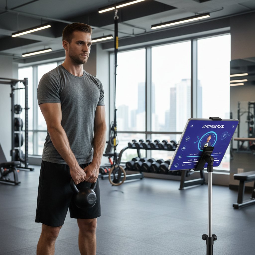 Mężczyzna trenujący z aplikacją mobilną na siłowni, ekran telefonu pokazuje plan AI