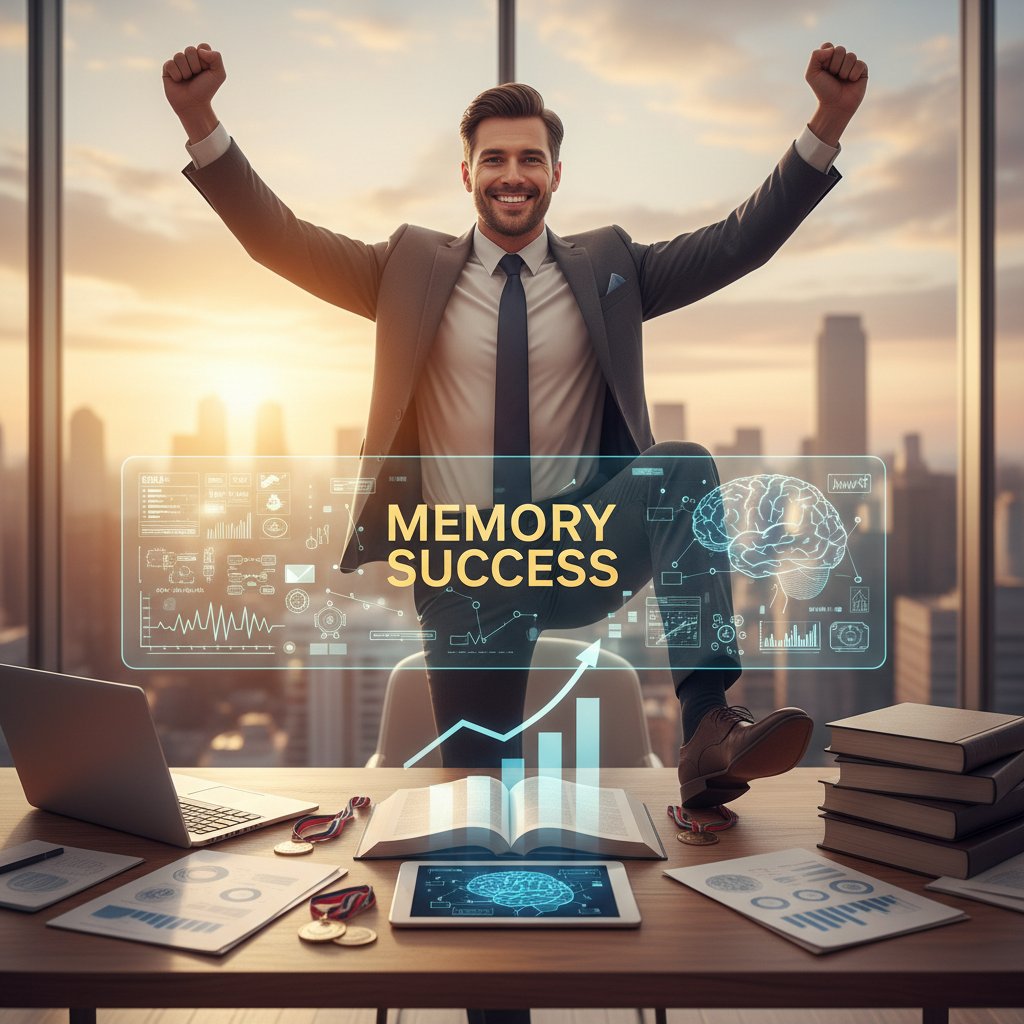 Mężczyzna triumfujący przy biurku, wyraźnie dumny ze swoich postępów w nauce – symbol sukcesu w zapamiętywaniu