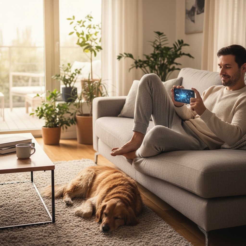 Mężczyzna korzystający z aplikacji AI na smartfonie, spokojny wyraz twarzy, otoczenie domowe