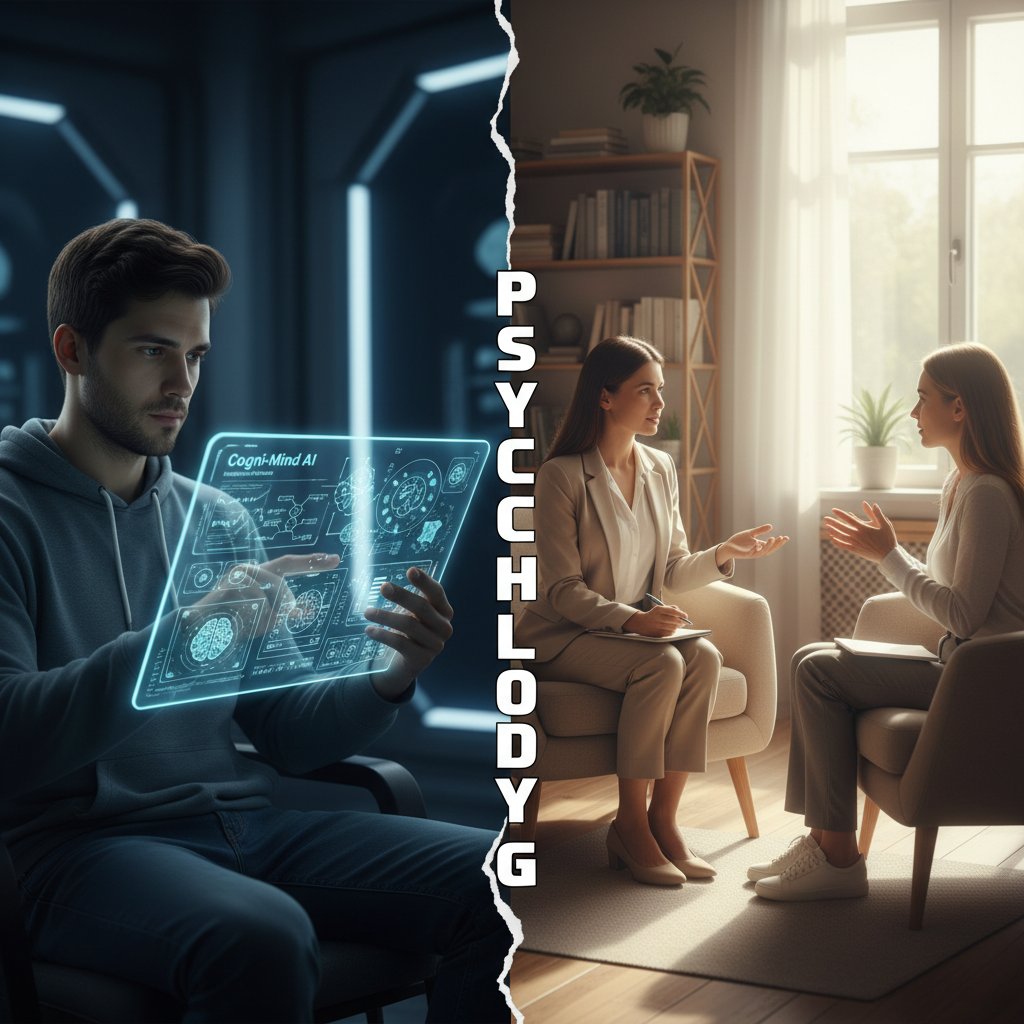 Mężczyzna korzystający z aplikacji AI, obok terapeuta rozmawiający z pacjentem, dwa kontrastujące światy