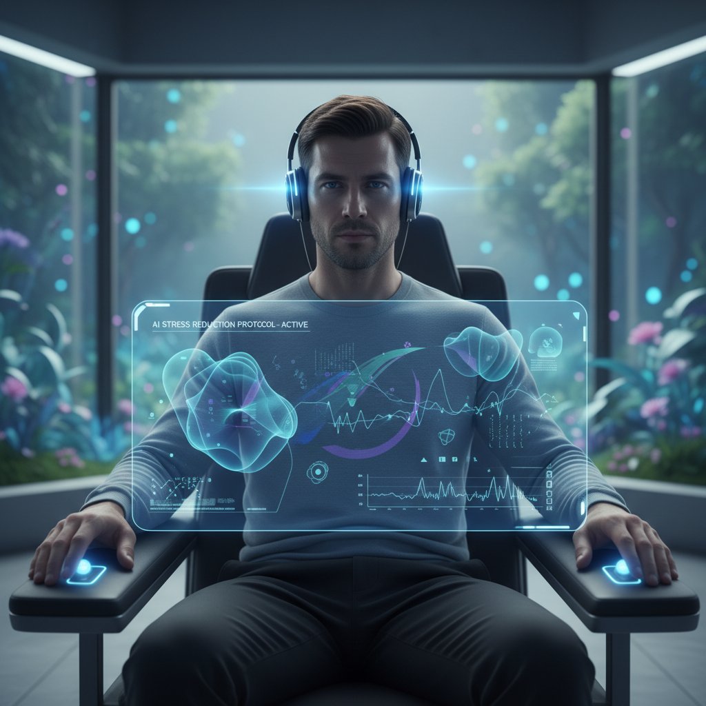 Mężczyzna korzystający z aplikacji do terapii stresu z AI, wyraźne skupienie na twarzy