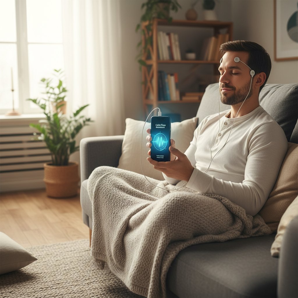 Mężczyzna testujący aplikację biofeedback oddechowego na smartfonie w domu