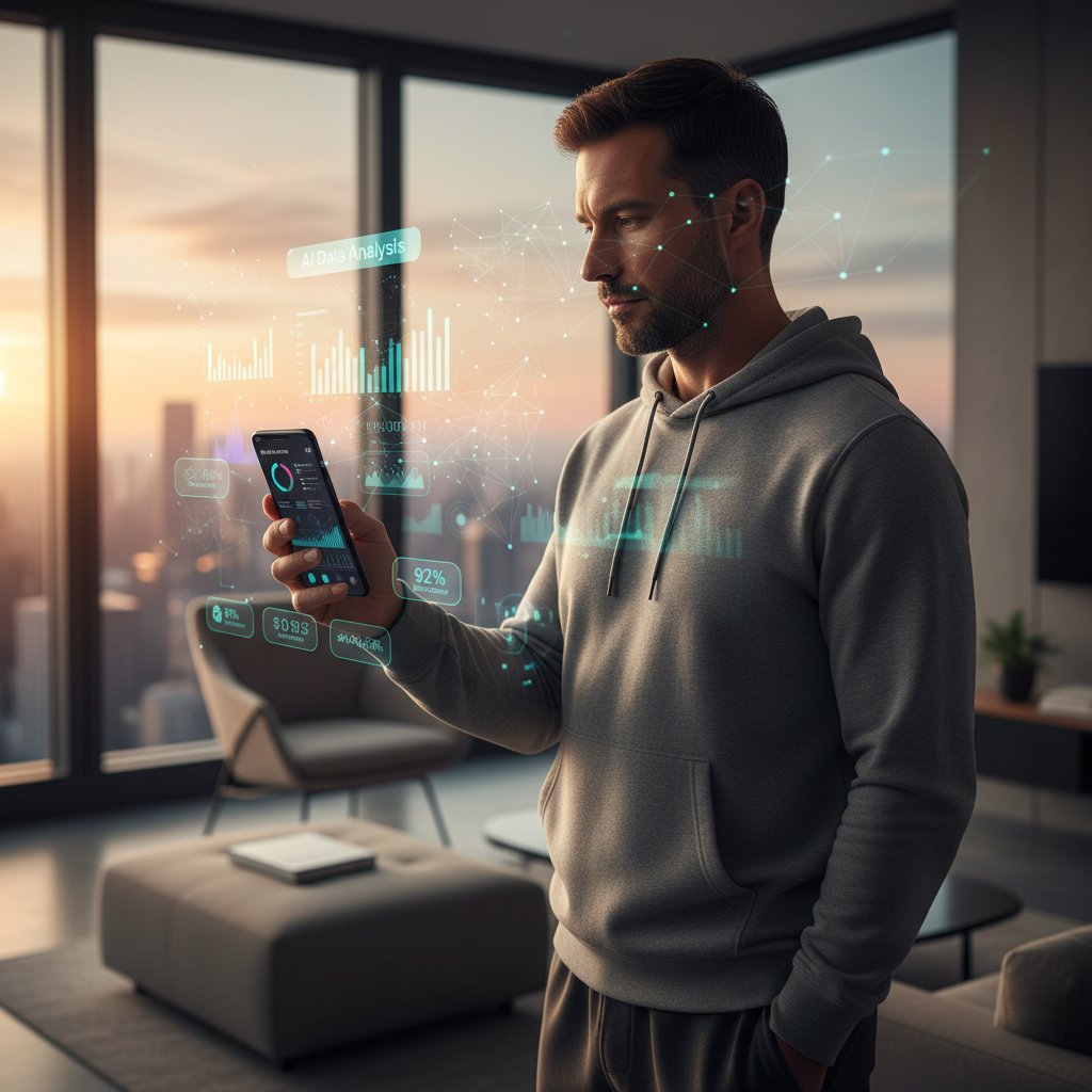 Mężczyzna korzysta z aplikacji zdrowotnej z analizą danych AI, ekran smartfona z wykresami
