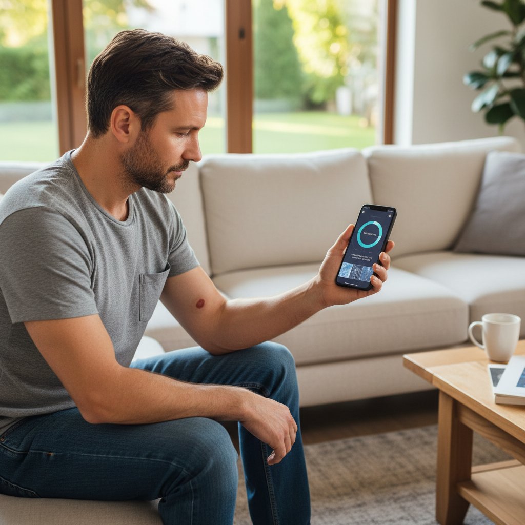 Mężczyzna korzystający z aplikacji zdrowotnej, analizujący zdjęcie znamienia, domowa scena