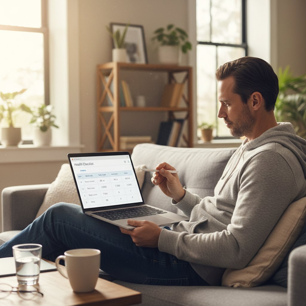 Mężczyzna w domu korzysta z checklisty zdrowotnej na laptopie, spokojna atmosfera