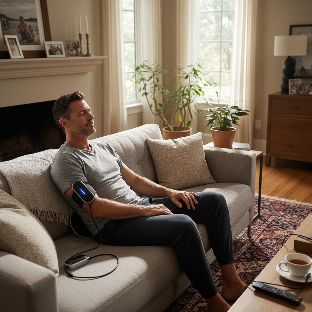 Mężczyzna testujący domowe urządzenie do magnetoterapii na kanapie
