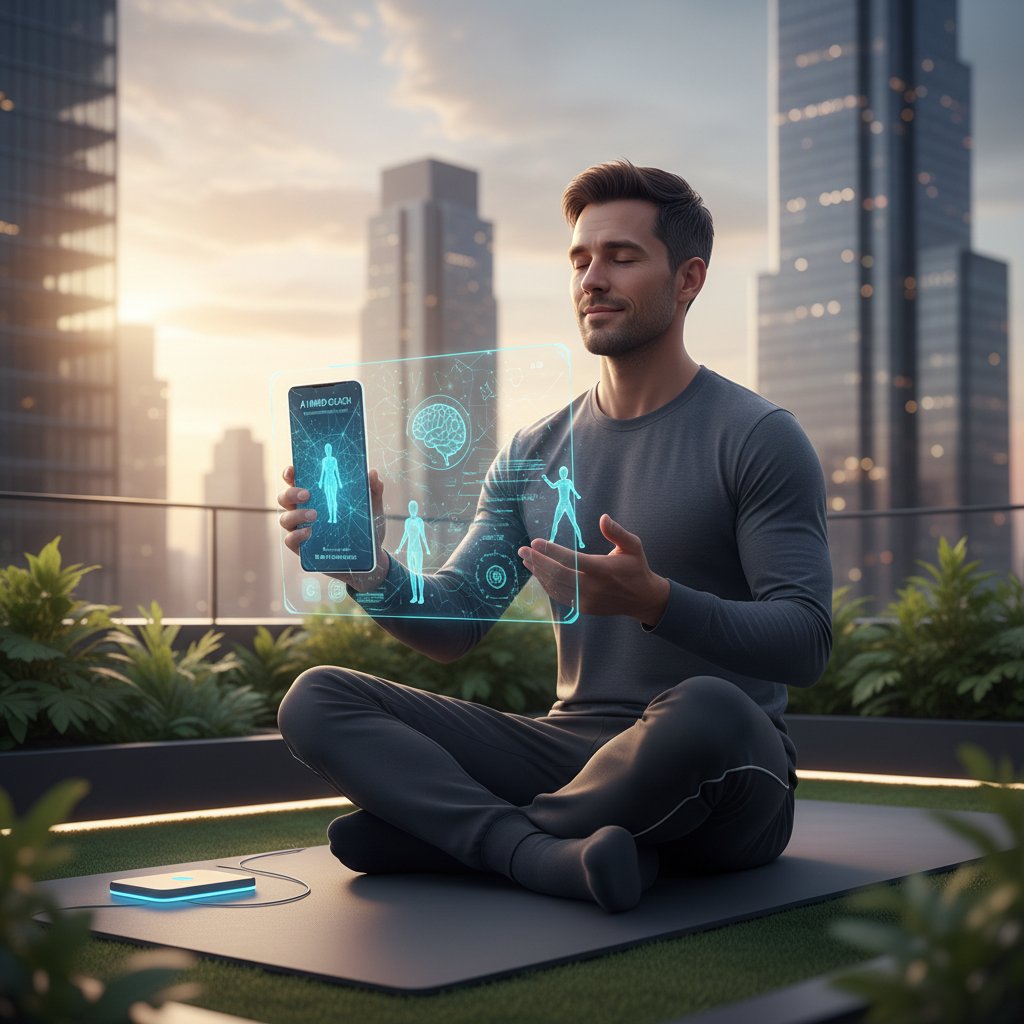 Mężczyzna z telefonem korzystający z aplikacji AI do coaching psychiczny, mindfulness, nowoczesna technologia