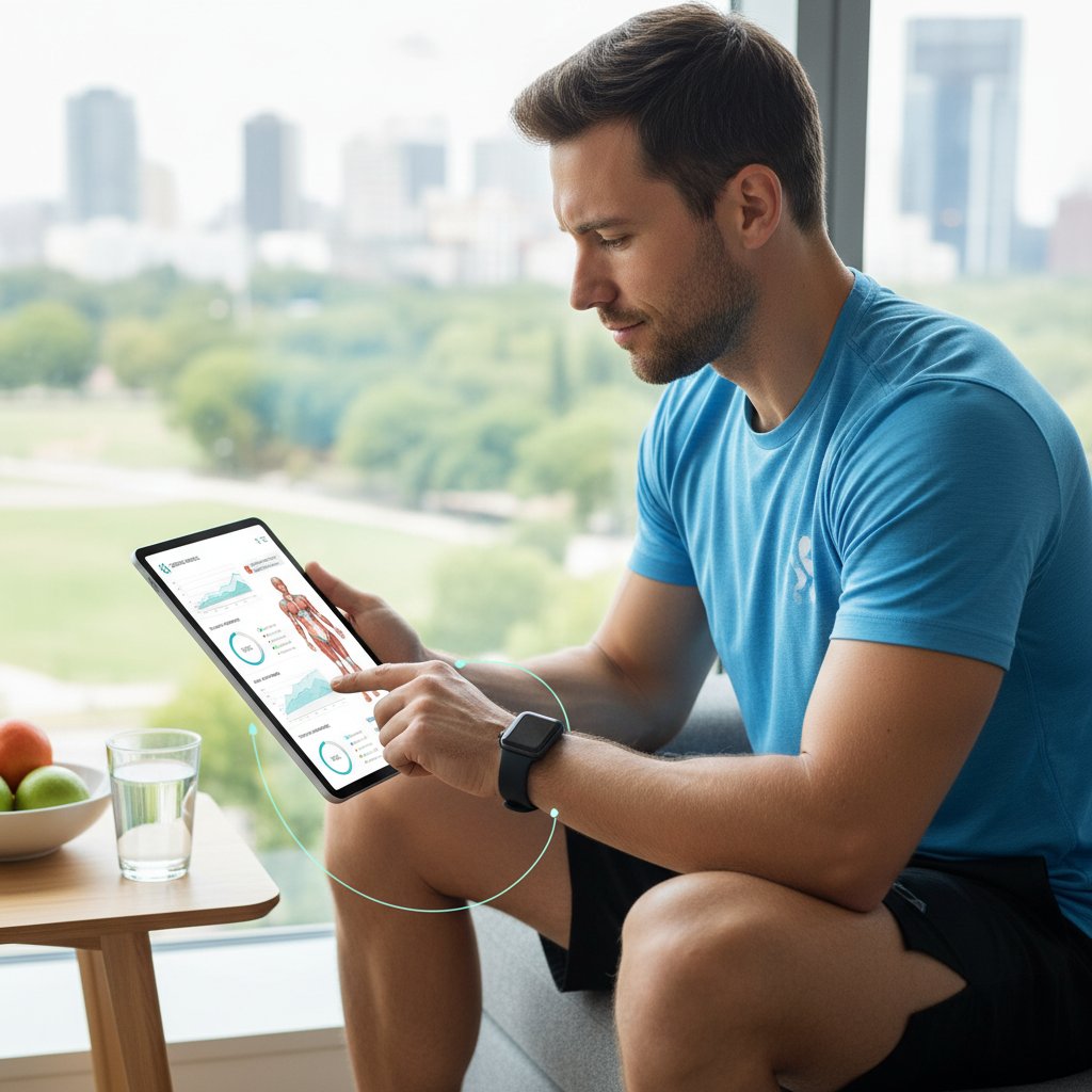 Mężczyzna korzystający z tabletu, widok od góry, światło dzienne, słowa kluczowe: zdrowie, technologia, aplikacja, analiza