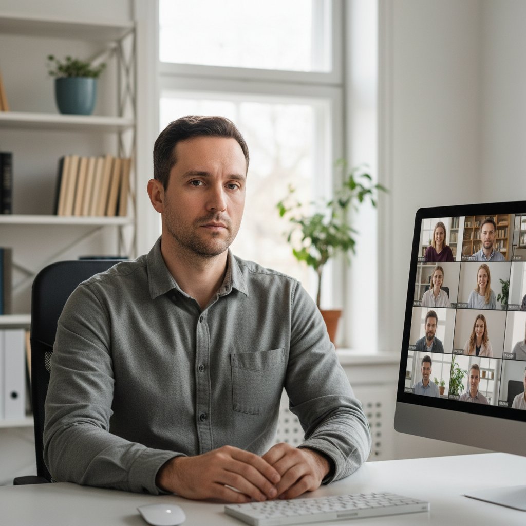 Mężczyzna podczas wideokonferencji w domowym biurze, skupiony na rozmowie, brak pełnej mowy ciała.