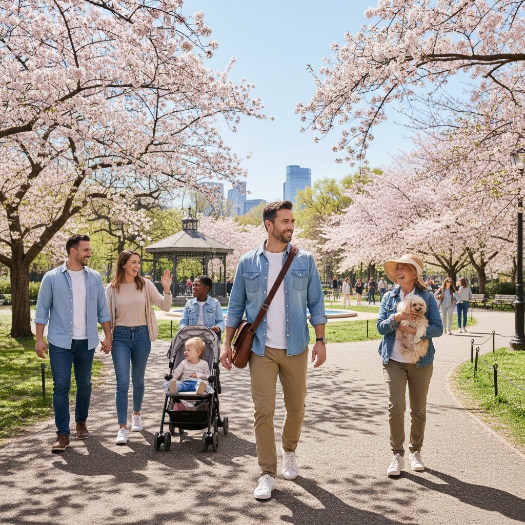 Mężczyzna spacerujący po parku w sobotę, mijający innych ludzi, lekkie uśmiechy w przelocie, jasny dzień