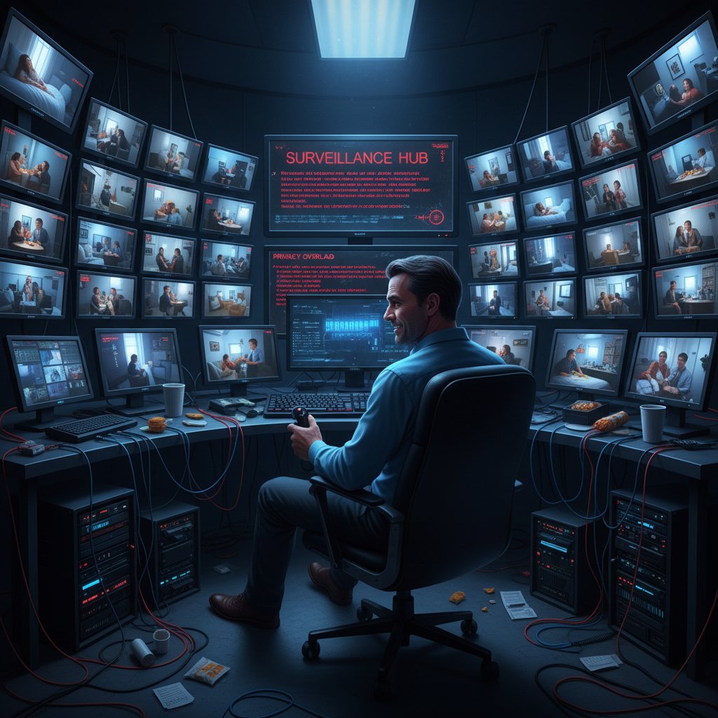 Mężczyzna obserwujący ekran z monitoringiem, wskazujący na przekraczanie granic prywatności przez technologię