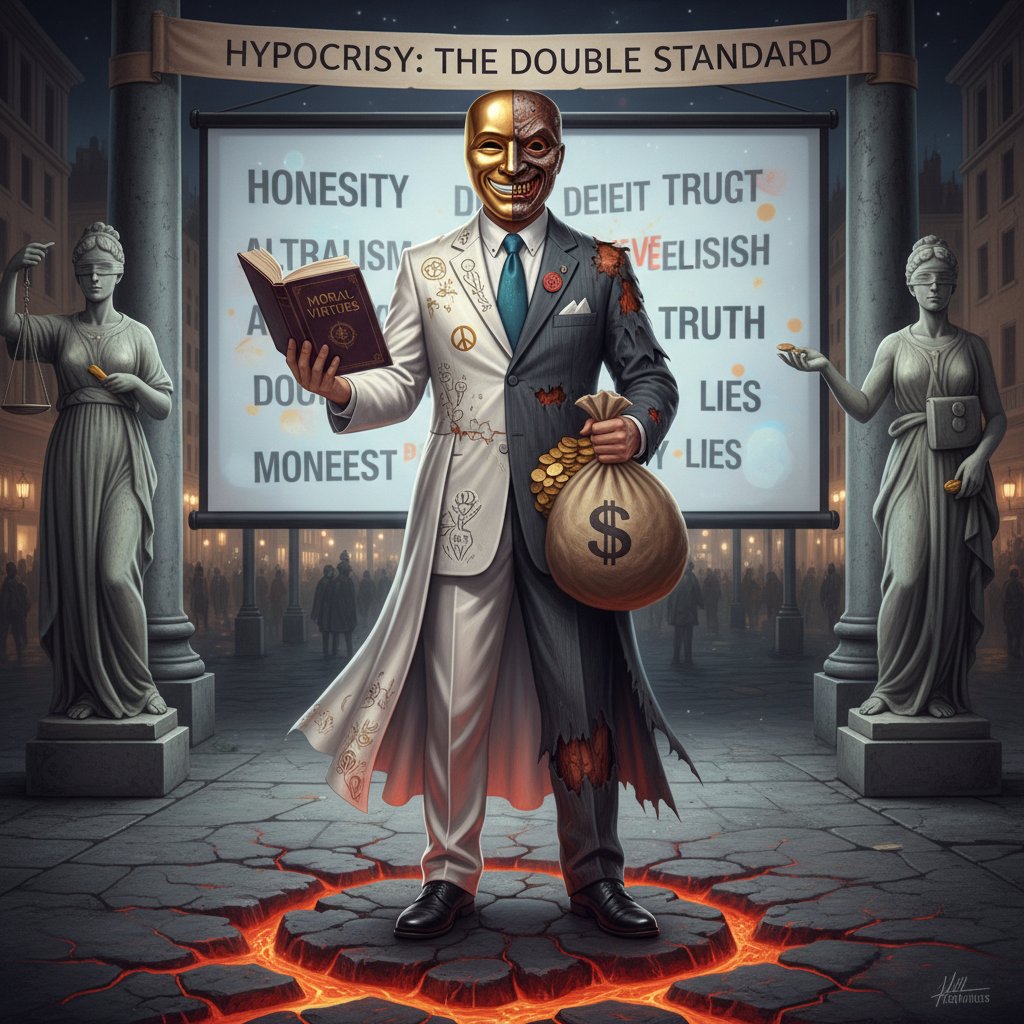 Mężczyzna z maską na twarzy symbolizującą hipokryzję w świecie wartości