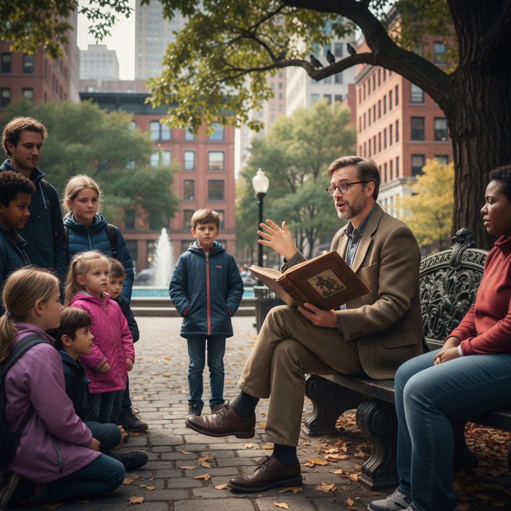 Mężczyzna z ciekawym stylem i książką w ręku opowiada historię grupie słuchaczy w miejskim parku