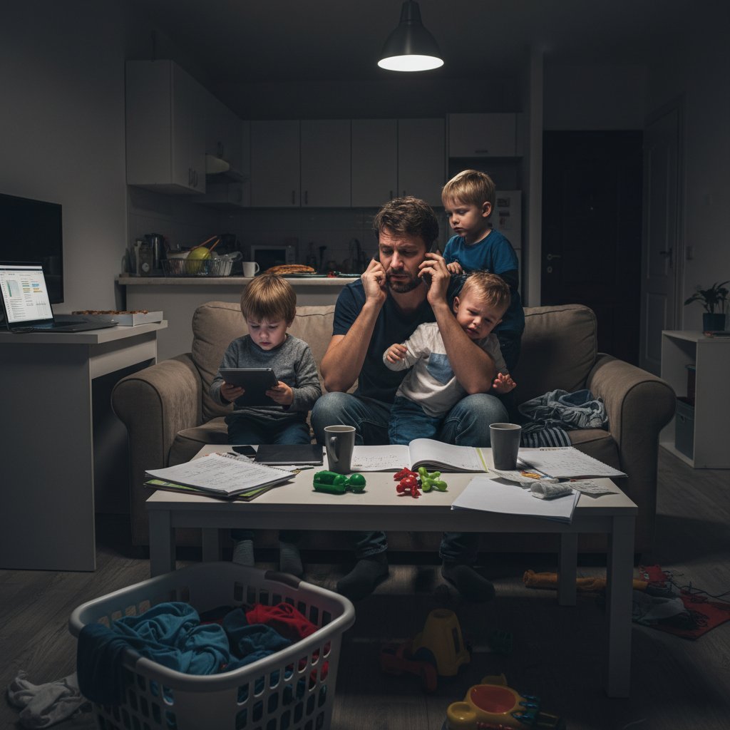 Mężczyzna z dziećmi w domu, samotne rodzicielstwo, stres domowy