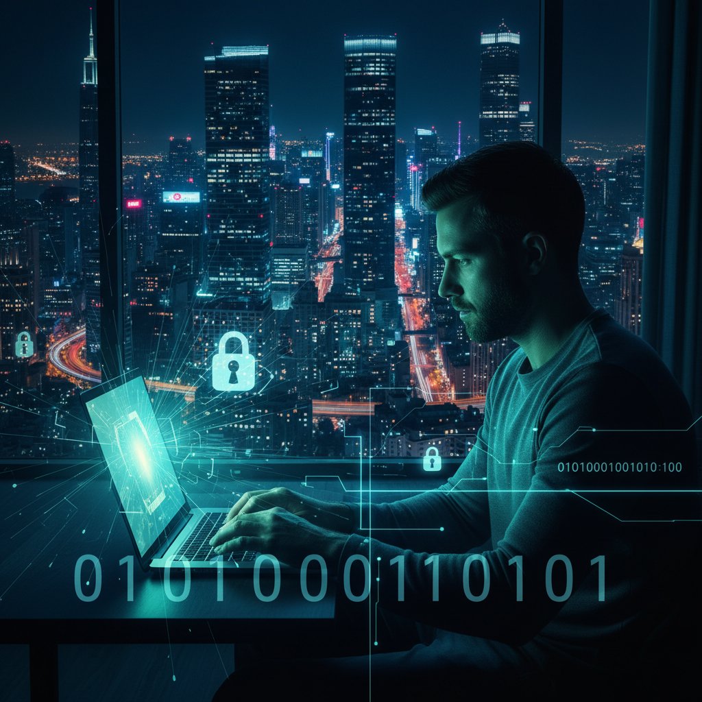 Mężczyzna z laptopem na tle miasta nocą, symbol prywatności cyfrowej