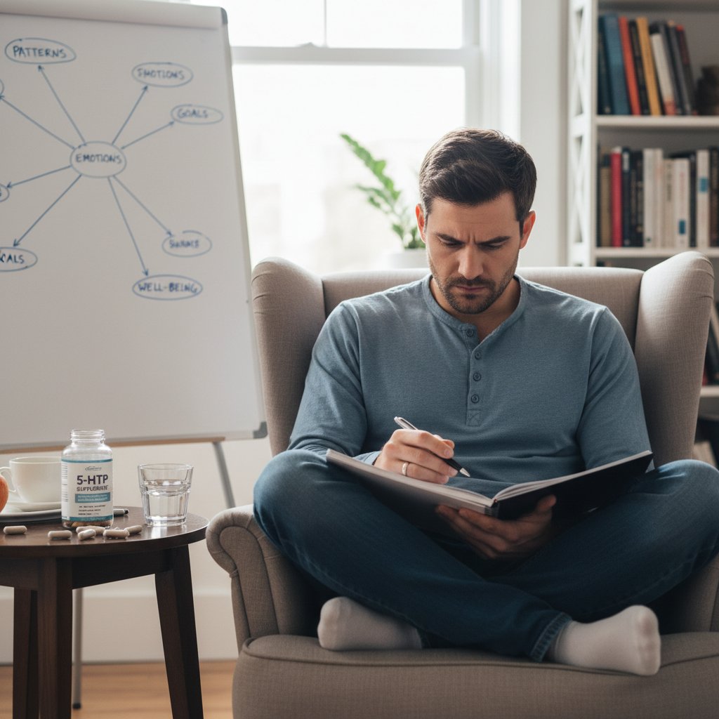 Mężczyzna z notatnikiem i pudełkiem 5-HTP, analizujący swoje odczucia po kilku tygodniach suplementacji
