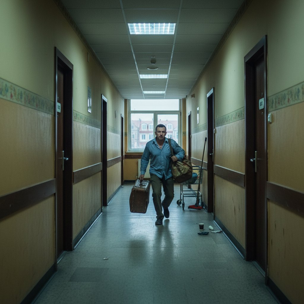 Mężczyzna z walizką, korytarz taniego hotelu, Gdańsk, atmosfera pośpiechu