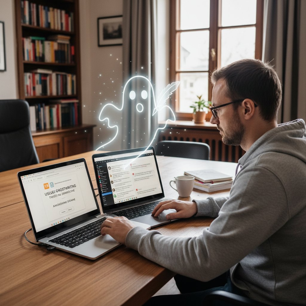 Mężczyzna siedzący przy biurku z dwoma laptopami, symbolizujący ghostwriting AI po polsku