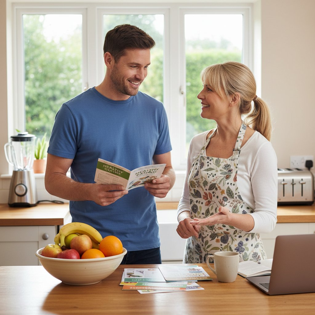 Mężczyzna i kobieta analizujący ulotki zdrowotne w kuchni, otoczeni codziennymi przedmiotami