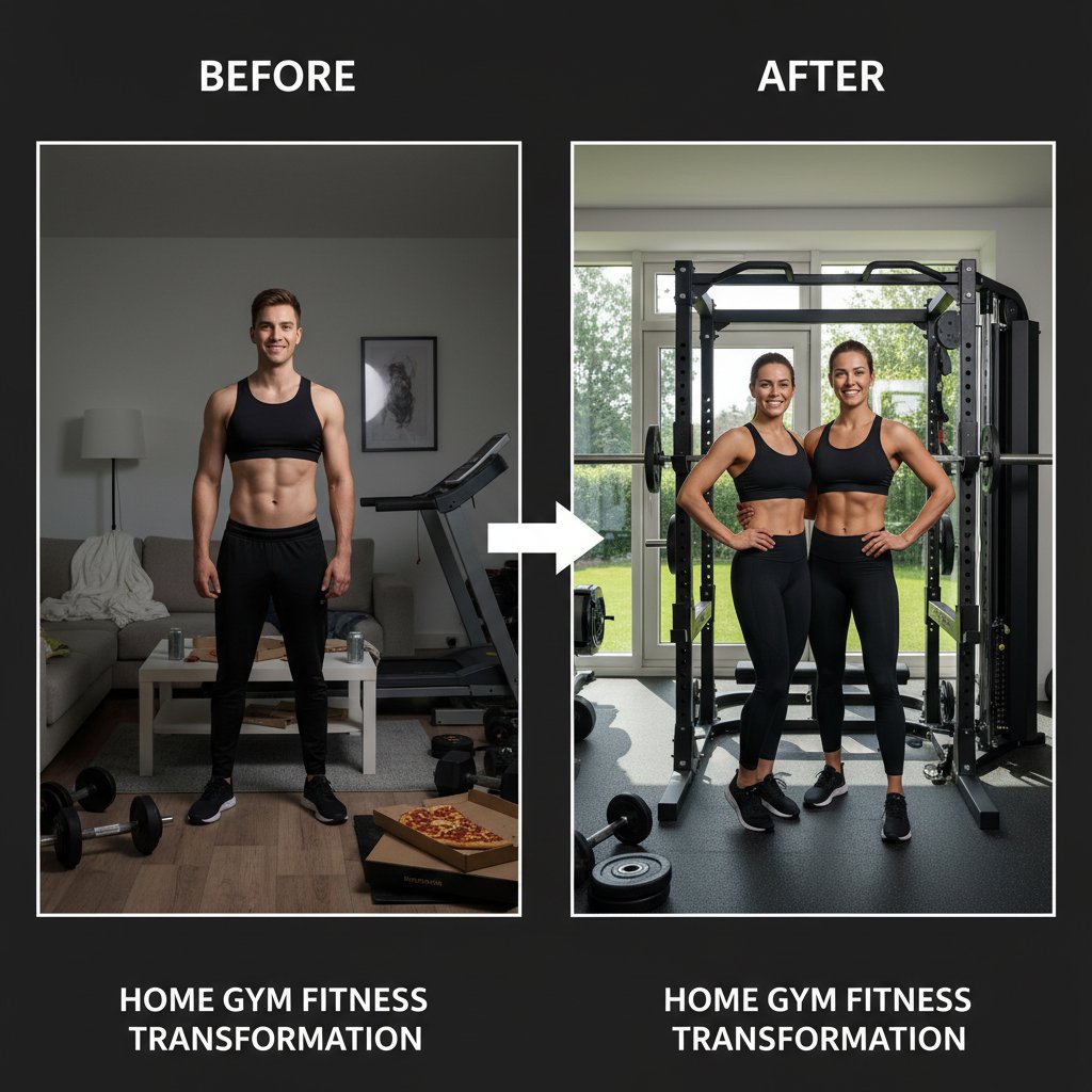 Mężczyzna i kobieta zestawieni w stylu „przed i po” na tle domowej siłowni