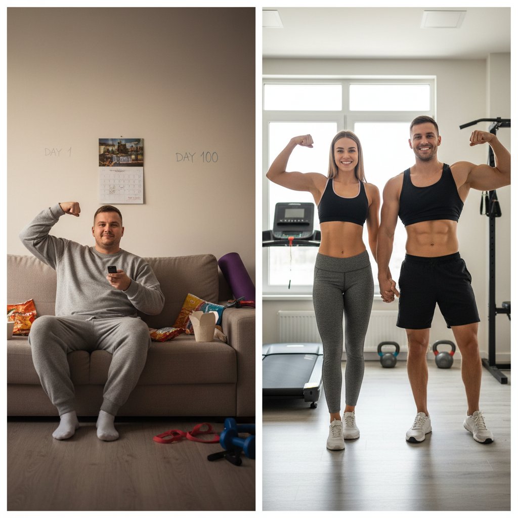 Mężczyzna i kobieta w domowym studio fitness, porównanie sylwetek przed i po