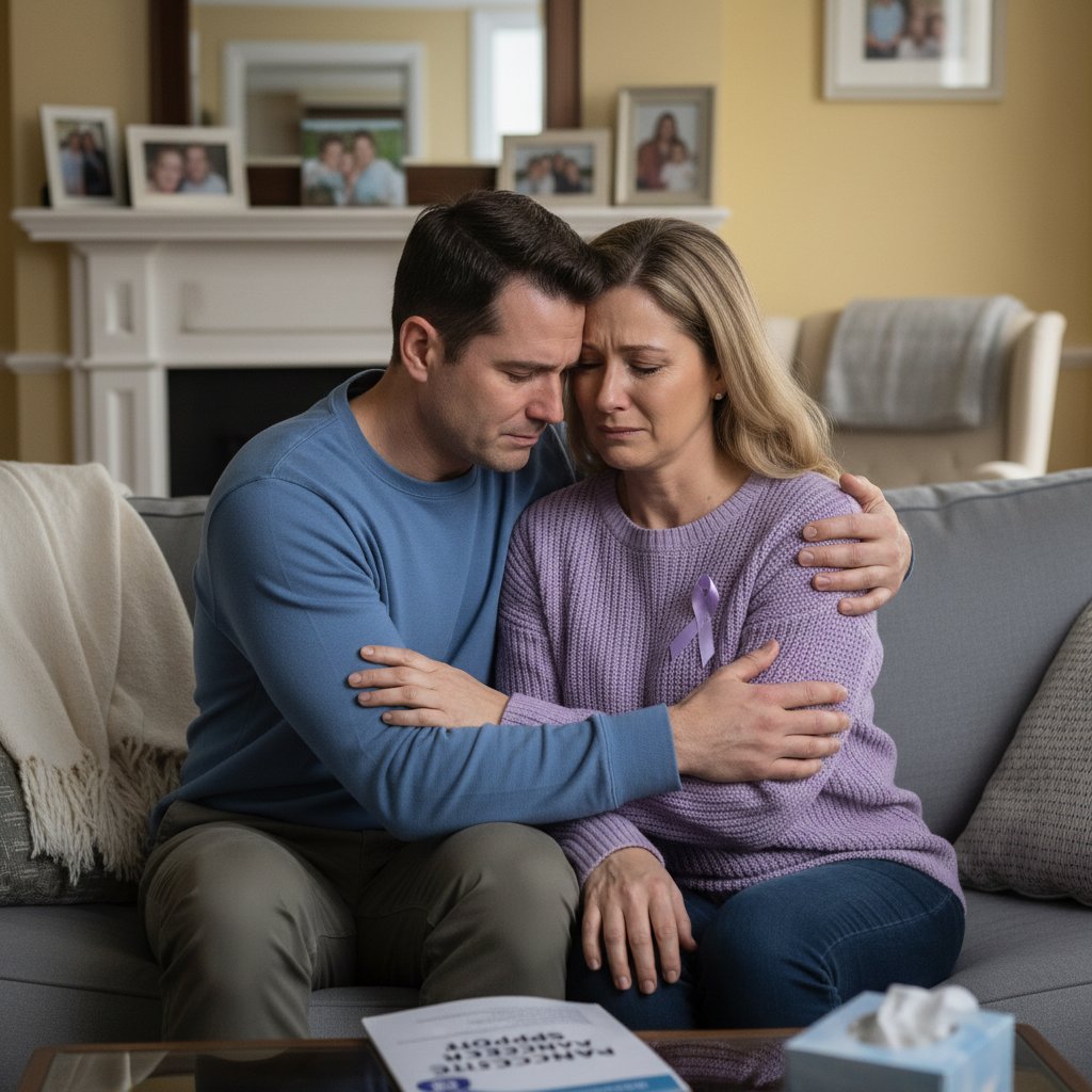 Mężczyzna i kobieta obejmujący się w domu, wyraz smutku i troski