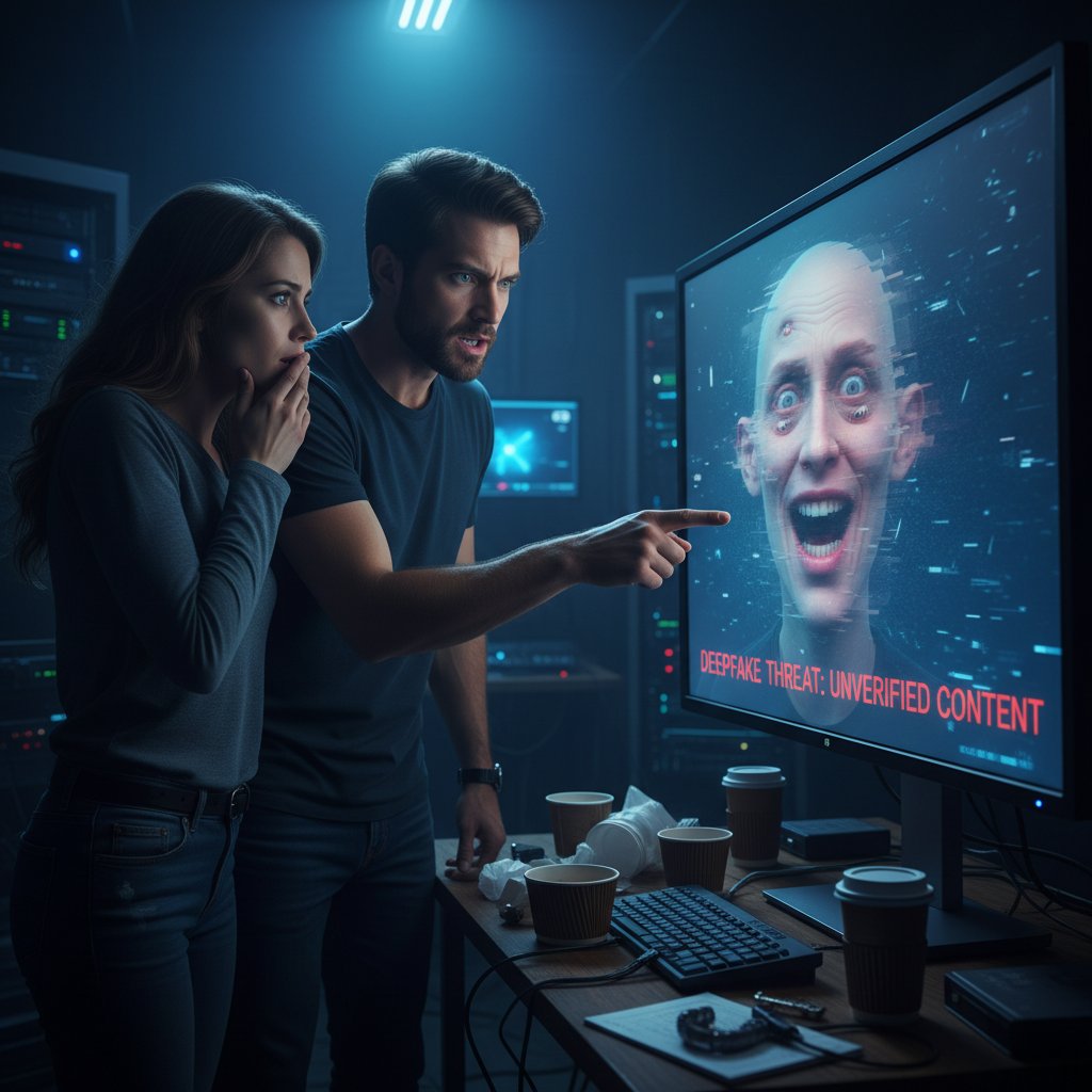 Mężczyzna i kobieta patrzący na zniekształcone zdjęcie na ekranie – zagrożenie deepfake