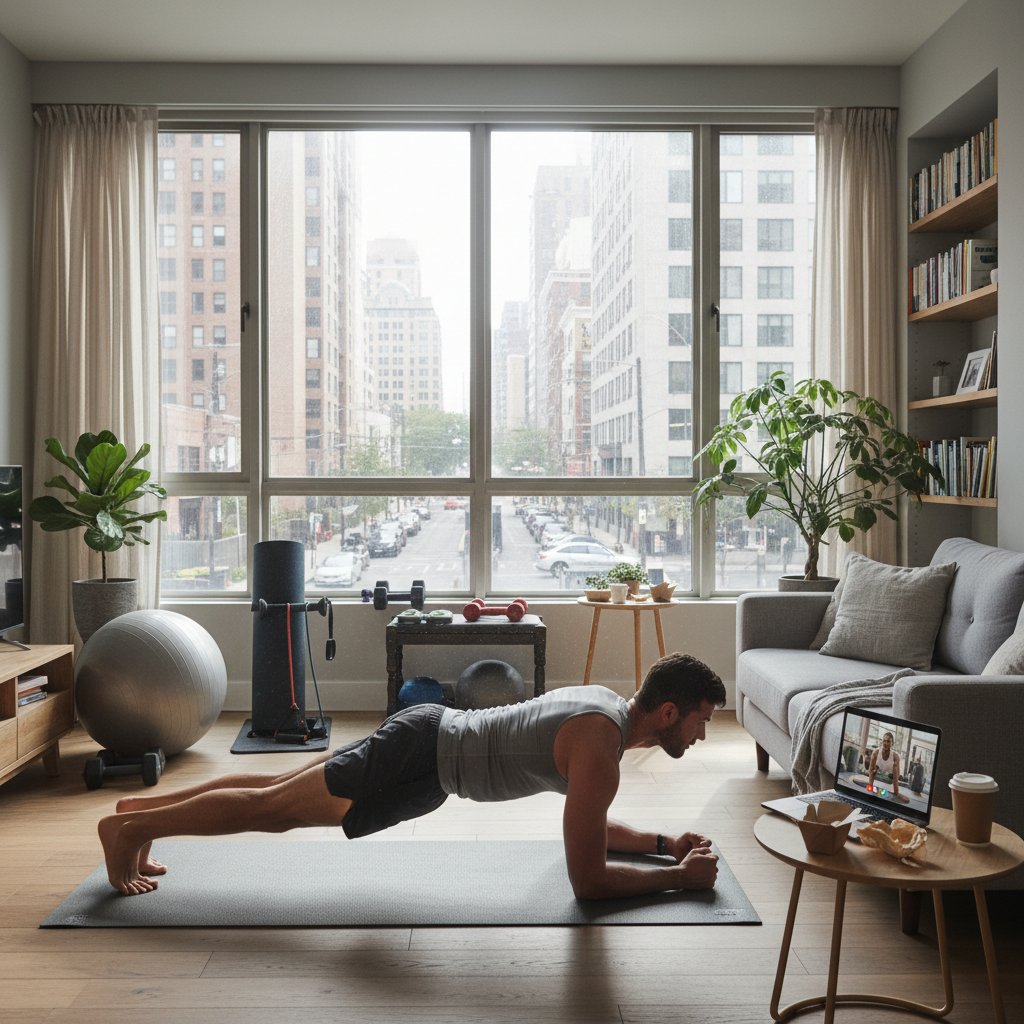 Mężczyzna ćwiczący w salonie podczas lockdownu, wykorzystujący krzesło jako sprzęt domowy