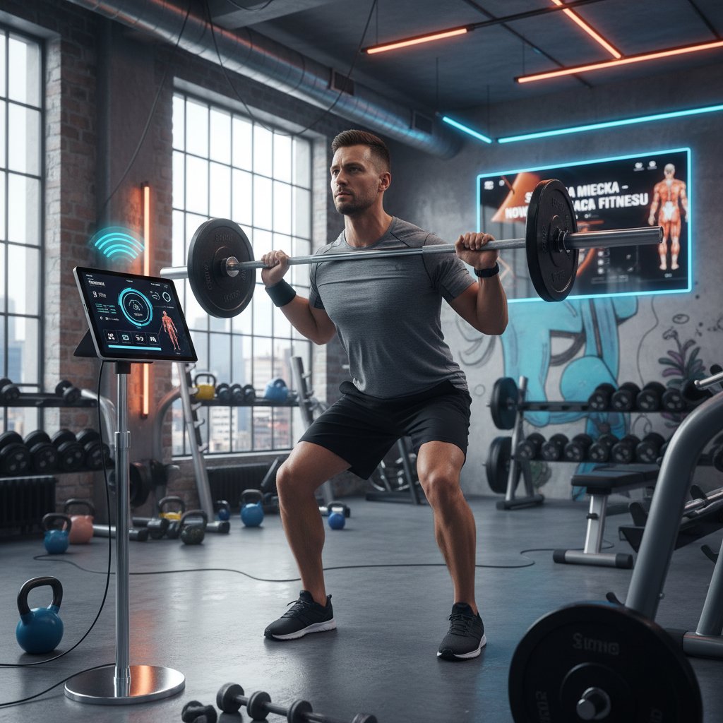 Mężczyzna podczas treningu z aplikacją na smartwatchu, nowoczesna technologia, polska siłownia