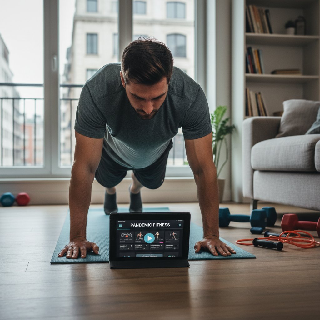 Mężczyzna trenujący z aplikacją fitness w domu podczas pandemii, zmiana modelu fitness