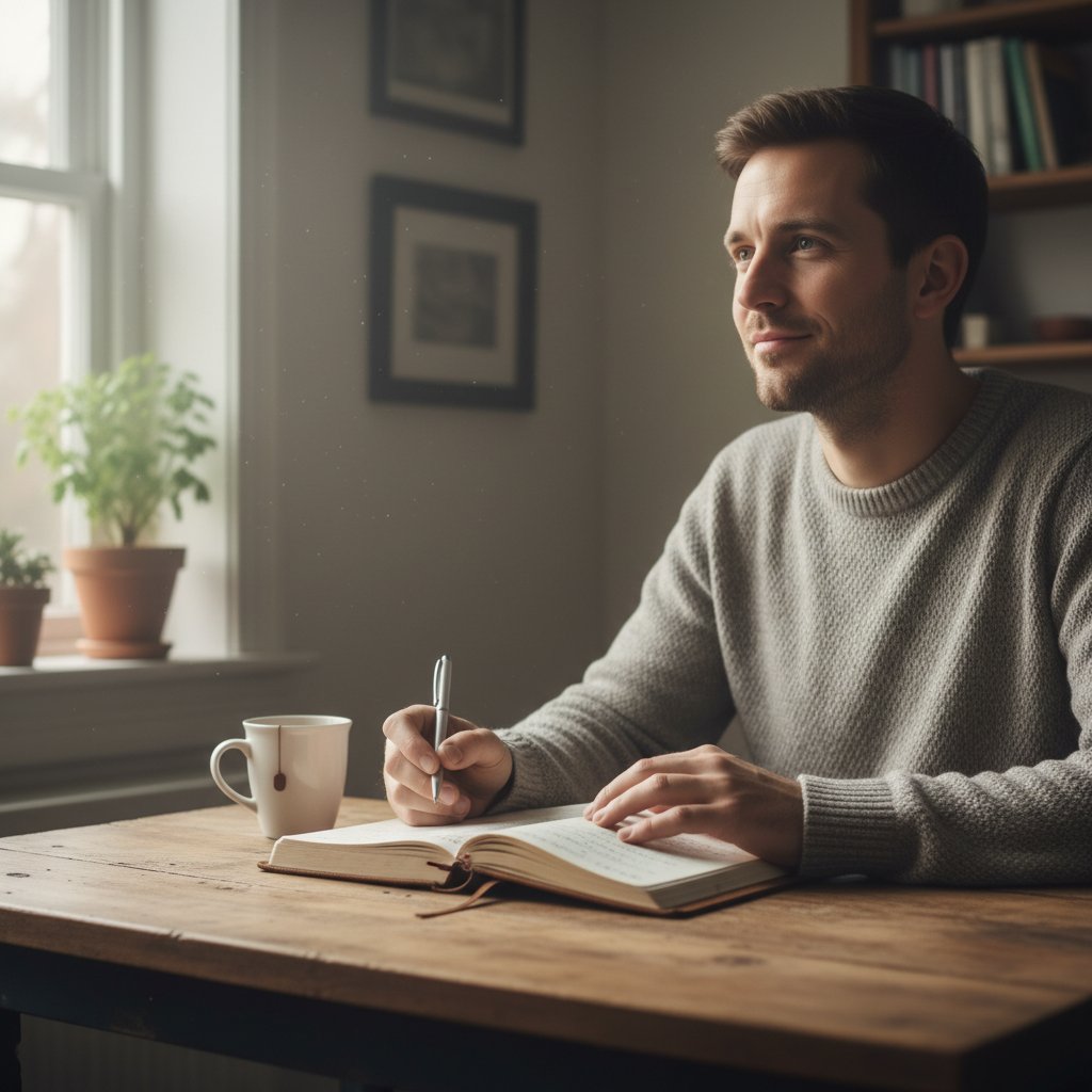 Mężczyzna robiący notatki w dzienniku, refleksja nad własnymi schematami myślenia