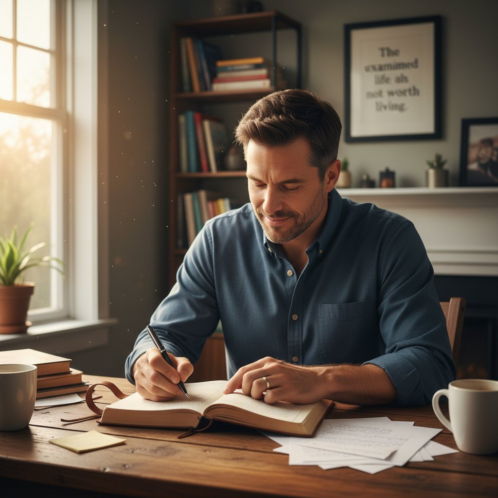 Mężczyzna siedzący przy biurku, zapisujący myśli w dzienniku, z wyrazem ulgi na twarzy – ilustruje przełomowe odkrycie emocji