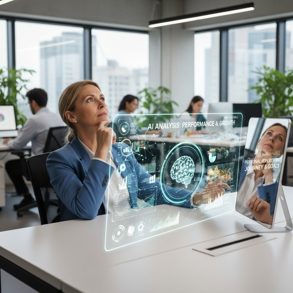 Menadżer porównujący wyniki analizy AI z własnymi przemyśleniami w biurze
