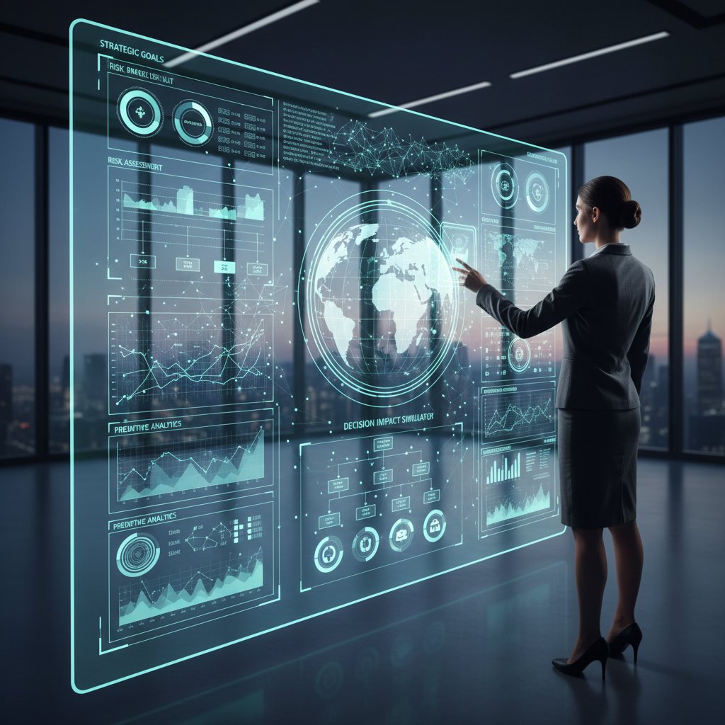 Menedżer analizujący dashboard AI przed podjęciem decyzji strategicznej