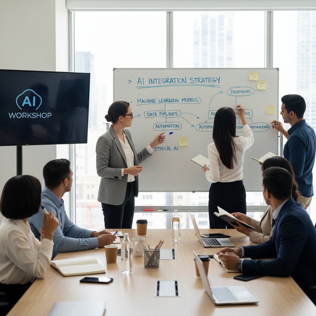 Manager w trakcie warsztatu wdrożeniowego AI, z zespołem analizującym dane na białej tablicy