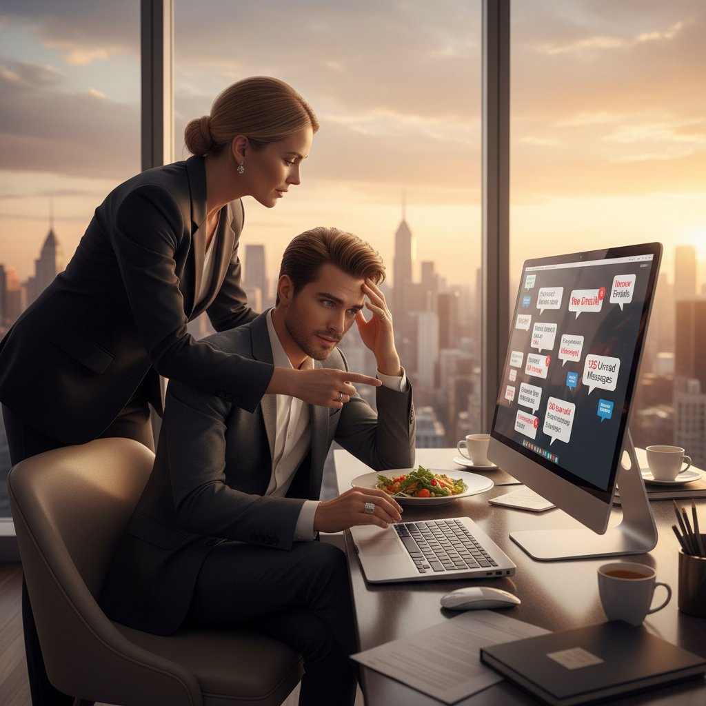 Menadżer celebryty pracujący przy komputerze, w tle setki nieodczytanych wiadomości