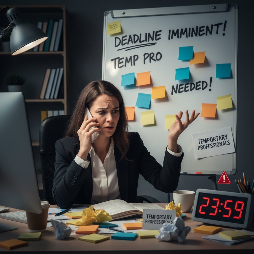 Manager under deadline pressure seeking help, stressed and using phone, wall of sticky notes