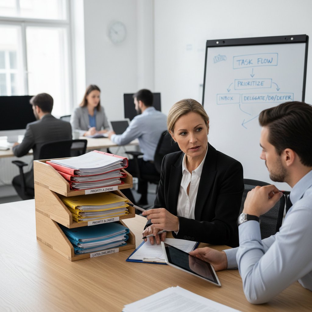A manager confidently handing over a stack of documents to a team member, symbolizing delegation and priority management in a professional setting