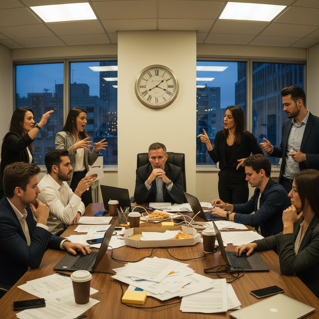 Menadżer patrzący z rezygnacją na zegar podczas chaotycznego spotkania