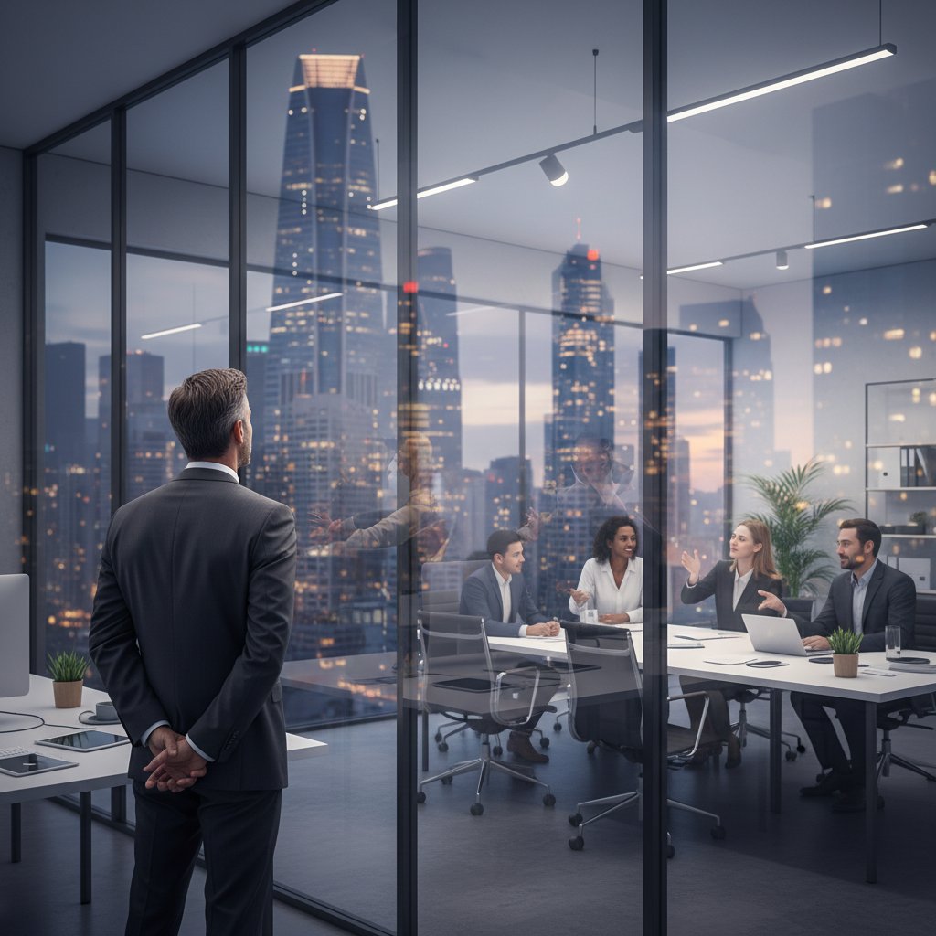 Samotny menedżer patrzący przez okno biura, symbolizujący stagnację po początkowym sukcesie