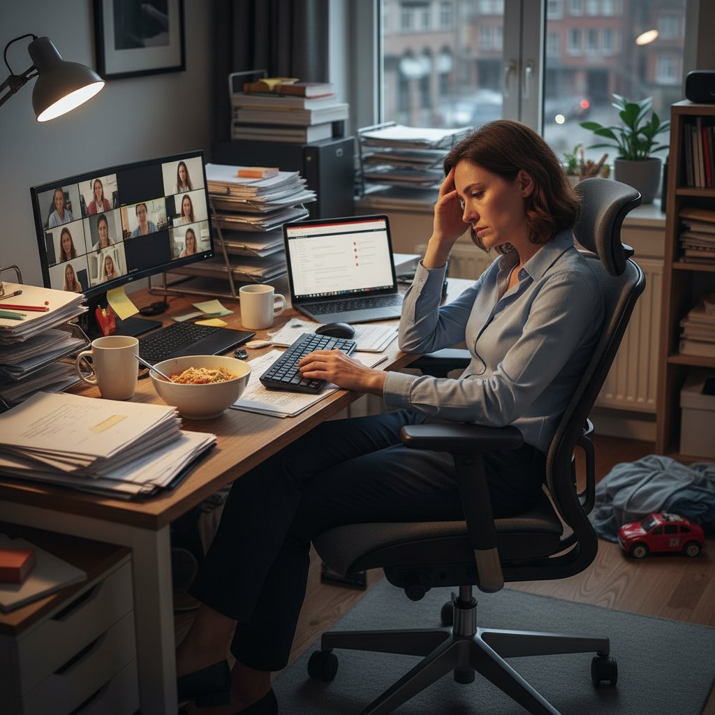Zdjęcie menedżera pracującego zdalnie z domu, otoczonego dokumentami i laptopem, ilustrujące wyzwania pandemii