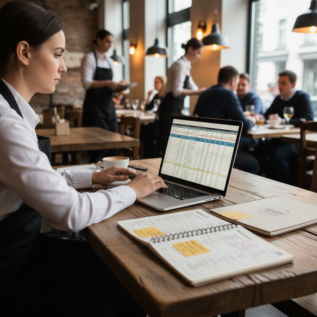 Manager analizuje sprzedaż na laptopie, wykresy na ekranie, obok karta dań i notatnik