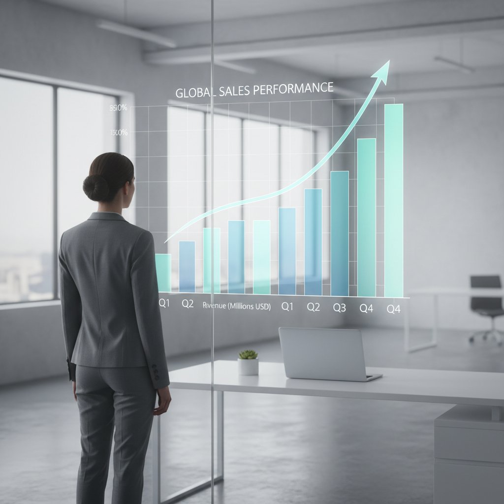 Manager analizuje klarowny wykres sprzedaży na ekranie monitora, dynamiczne kolory, minimalizm i przejrzystość