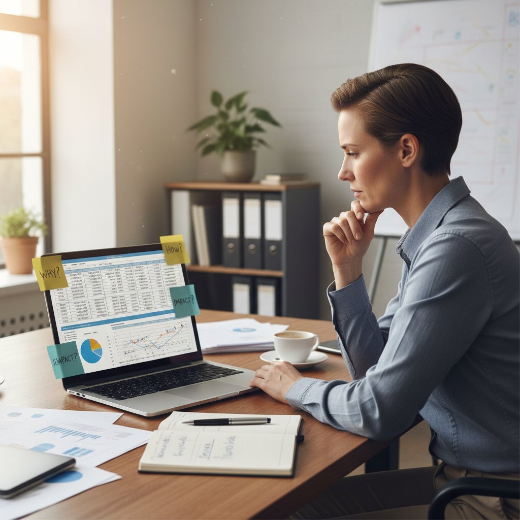 Menedżer analizujący dane na laptopie, z notatnikiem pełnym pytań badawczych