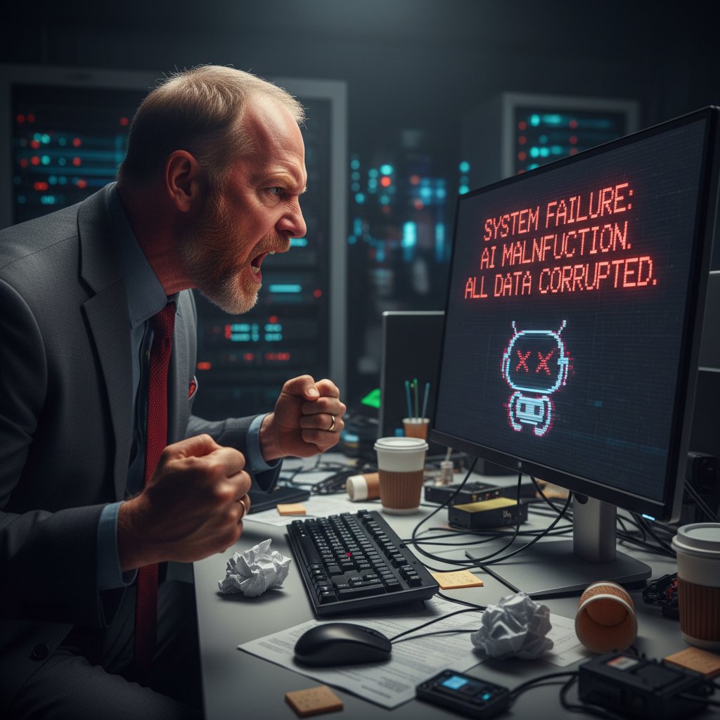 Zdenerwowany menedżer patrzący na ekran z błędem AI – symbol nieudanych wdrożeń