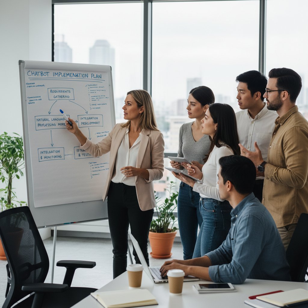 Menedżer odhaczający punkty na checklist wdrożenia chatbota, tło: tablica i zespół projektowy