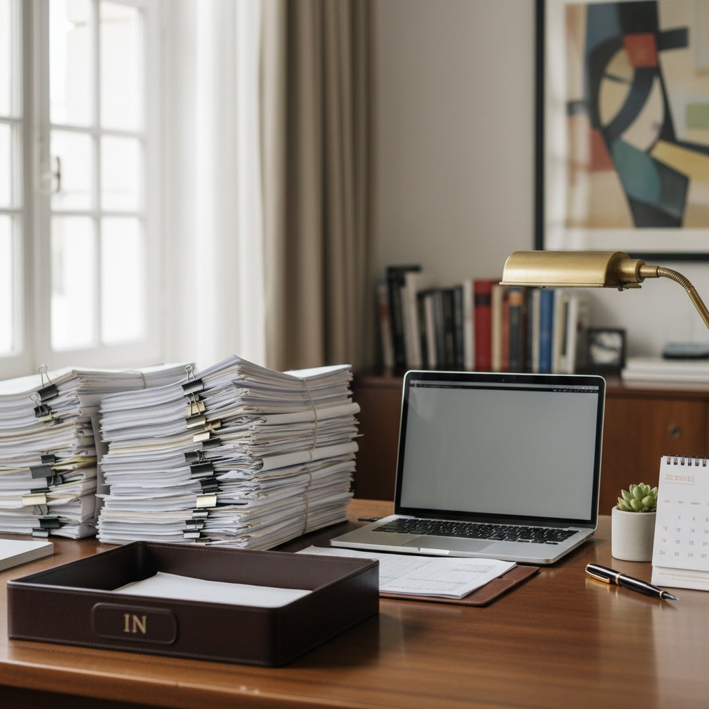 Zdjęcie biurka menedżera z pustą skrzynką na ekranie i stosami papierów obok