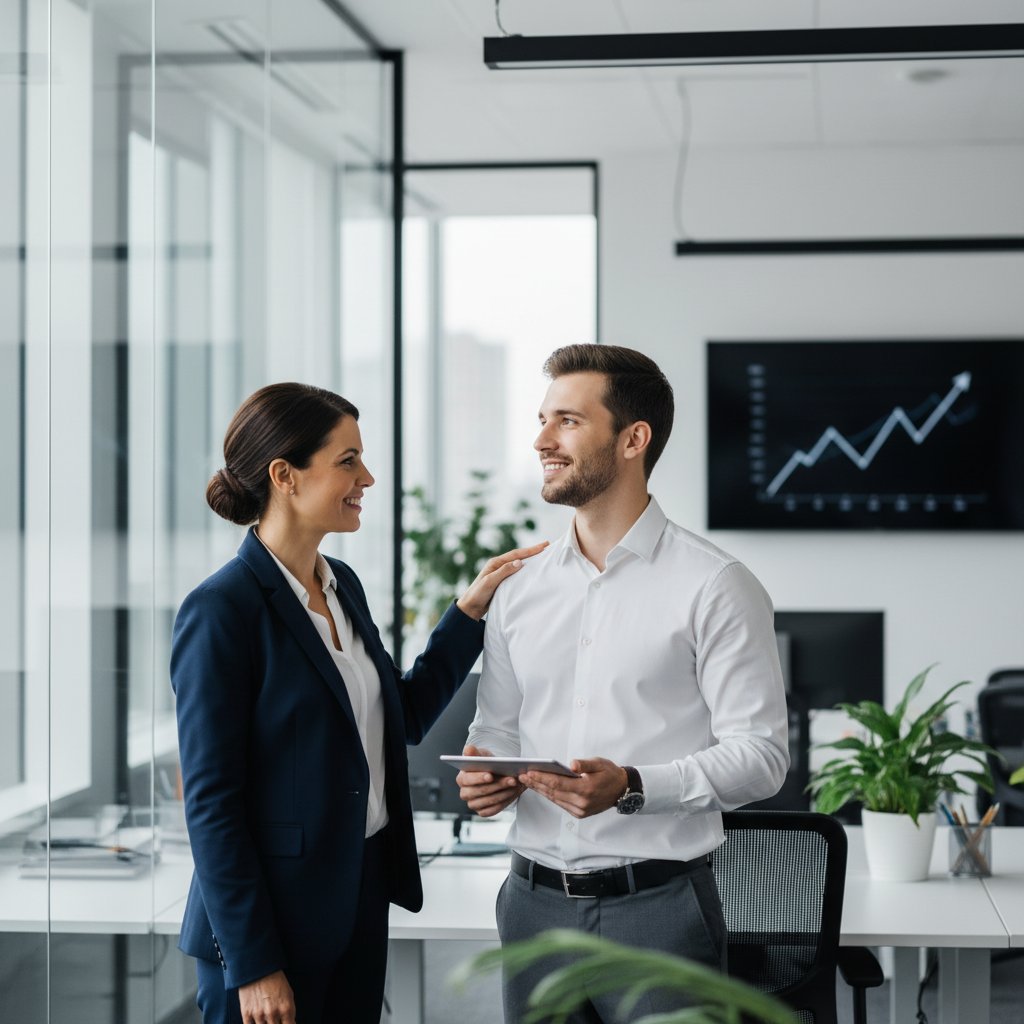 Szef docenia pracownika w nowoczesnym biurze