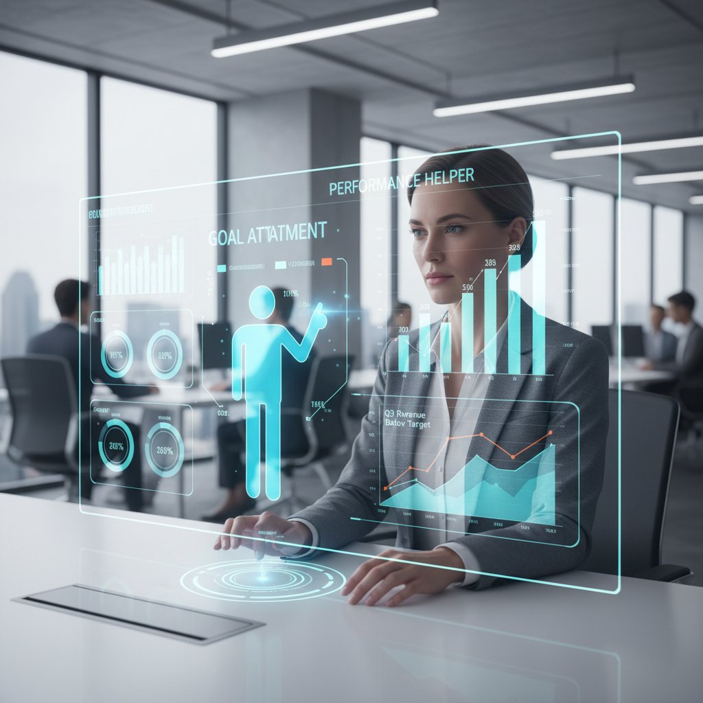 Manager reviewing progress metrics on digital dashboard, representing performance helper measurement