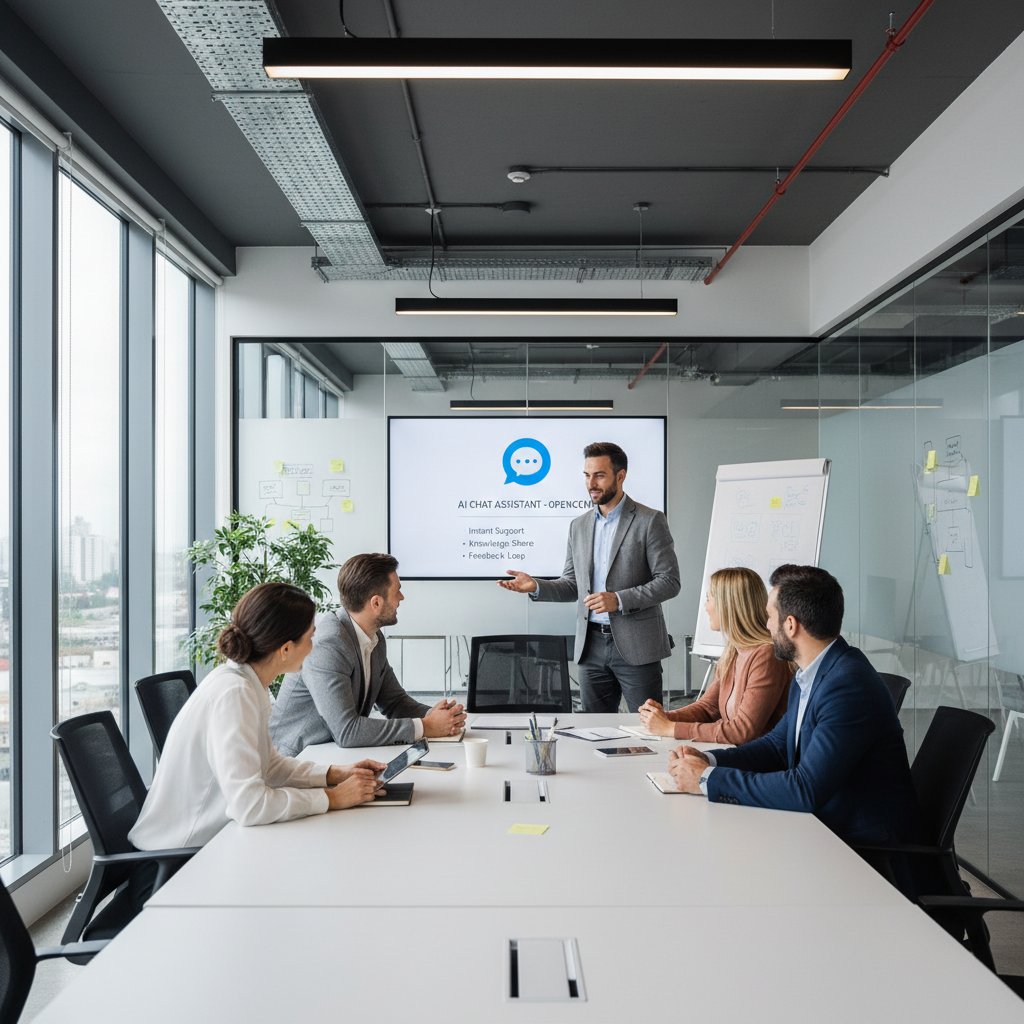 Menadżer rozmawiający z zespołem w biurze o wdrożeniu chatbota – partnerska atmosfera